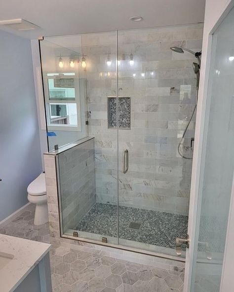 Summit Glass & Mirror | Corner pony-wall shower enclosure🙌🏻 . . #frameless #framelessshowerdoor #glassdesign #modernglass | Instagram Toilet With Pony Wall, Tile Shower With Half Glass Wall, Half Wall Corner Shower Ideas, Bathtub Pony Wall, Glass Shower Surround, Pony Wall Between Shower And Toilet, Glass Shower With Pony Wall, Master Shower With Pony Wall, Half Wall Glass Shower Ideas