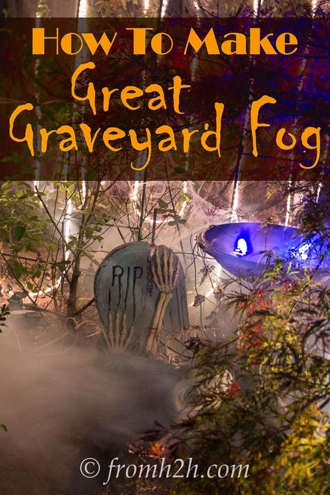 This tutorial for making great Halloween graveyard fog is the BEST! I have tried fog machines in the past but the fog was never thick enough to look spooky. Now I know how to fix it! Definitely pinning! Diy Fog Machine, Diy Fog, Fog Chiller, Low Lying Fog, Halloween Haunted House Decorations, House To Home, Yard Haunt, Halloween Graveyard, Fog Machine