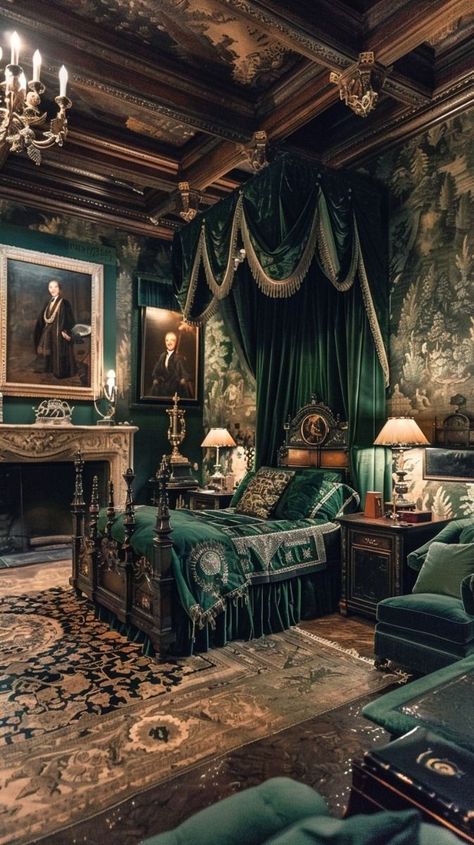 Potter Manor Bedroom, Victorian Mansion Interior Bedrooms, Royal Green Bedroom, Apothecary Bedroom, Victorian Room, Victorian Manor, Castle Bedroom, Gothic Interior, Dream Bedroom Inspiration