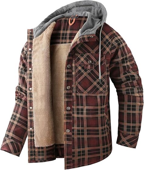 Mr.Stream Men's Hooded Coat Casual Thicken Plaid Work Flannel Snap Sherpa Lined Fleece Shirt Jacket Safety Clothing, Hooded Jacket Men, Mens Hooded, Sherpa Lined, Hooded Coat, Casual Coat, Evening Wear, Shirt Jacket, Hooded Jacket