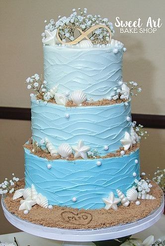 Edible Seashells, Wedding Cake Beach, 40th Birthday Cake Ideas, Ombre Ruffle Cake, Beach Theme Wedding Cakes, Beach Themed Cakes, Ocean Cakes, 40th Birthday Cake, Dessert Bar Wedding