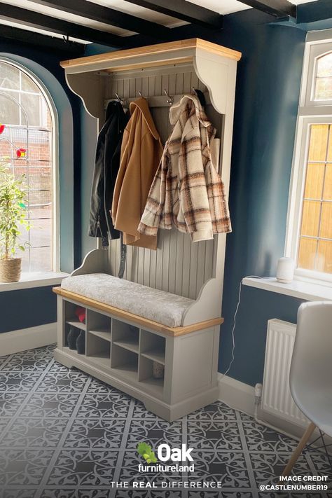 An organised hallway is a must for a welcoming entrance to your home. Keep it clean and clutter-free with stylish storage for your shoes and coats. #Hallway #HallwayDecor #EntranceHallStyle #HallwayShelving #HomeStyle #InteriorStyle #CoatStorage #ShoeStorage #StylishStorage Entry Coat Rack Bench, Coat Stand Hallway, Hallway And Stairs Ideas, Dark Hallway Ideas, Shoe Storage Hall, Hallway Stand, Hallway Shelving, Grey Painted Furniture, Coat And Shoe Storage