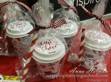 These decorated Stampin Up mini coffee cups make fantastic DIY stocking stuffer ideas, treat holders, or gift card holders! Starbucks Mini Cups, Disposable Coffee Cup Gift Ideas, Stampin Up Mini Coffee Cups, Hot Cocoa Treat Holder, Mini Coffee Cups Crafts Treat Holder, Coffee Holder Ideas, Christmas Cups Gifts Ideas, Coffee Themed Party, Cocoa Cups