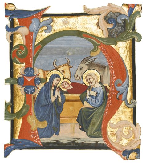 Nativity, a large historiated initial from an Antiphonary, illuminated manuscript on vellum [Italy (Florence), c.1400] | Lot | Sotheby's Historiated Initial, Nativity Painting, Italy Florence, Orthodox Christian Icons, Illumination Art, Drawing Letters, Medieval Manuscript, Christmas Nativity Scene, Illuminated Manuscripts