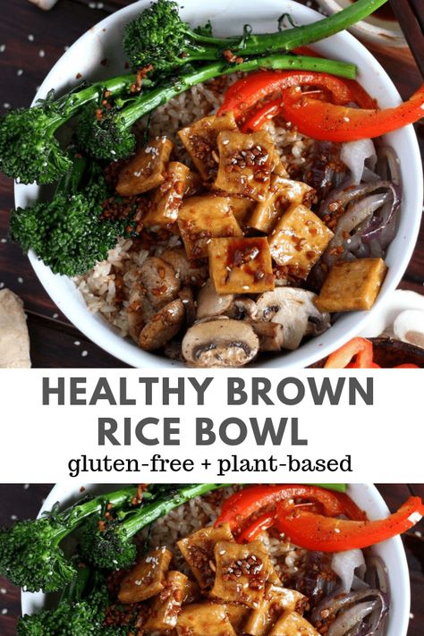 Brown Rice Tofu Bowl + Roasted Vegetables and Soy, Ginger, Garlic Sauce - a healthy option for lunch or dinner! #brownricebowl #buddhabowl #vegetarianrecipes #meatlessmonday Rice Tofu, Healthy Brown Rice, Ginger Rice, Soy Tofu, Tofu Bowl, Soy Ginger, Brown Rice Recipes, Plant Based Dinner, Vegan Lunch Recipes