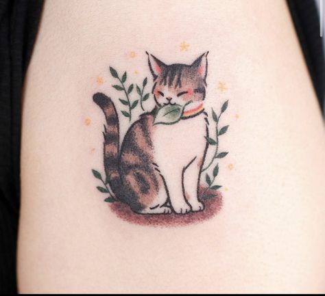 Tortoise Shell Cat Tattoo, Whimsical Cat Tattoo, Cat Tattoo Cartoon, Cat Tattoo With Flowers, Calico Cat Tattoo, Zuko Tattoo, Whimsy Tattoo, Small Cat Tattoo, Neck Tattoo Women