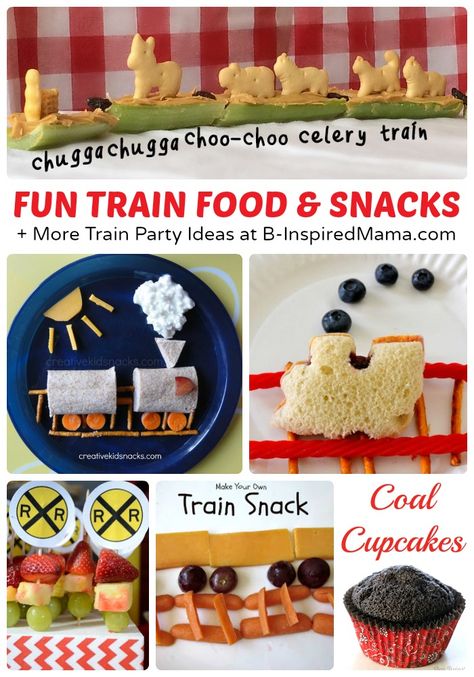 Fun Train Food and Snacks + Train Crafts and Party Ideas, Too at B-InspiredMama.com #kids #trains #funfood #kbn Train Snacks Preschool, Train Snack Ideas, Train Theme Food Ideas, Train Themed Party Food, Train Party Snacks, Train Theme Food, Train Themed Snacks, Train Food Ideas, Transportation Snacks