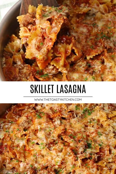 Skillet lasagna by The Toasty Kitchen. Love lasagna but need a less time-consuming dinner idea? Make skillet lasagna! Bowtie pasta and ground beef are cooked in a flavorful marinara sauce and topped with melty cheeses. #onepanmeal #beef #30minutesorless Steak Lasagna Recipe, One Pan Lasagna Skillet, Stove Top Lasagna Recipe, One Pot Lasagna Pasta, Lasagna Casserole Recipes, Lasagna Skillet Recipe, One Skillet Lasagna, Pan Lasagna Recipe, One Pan Lasagna