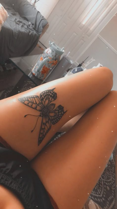 Upper Knee Tattoo Women Butterfly, Lap Tattoo Women, Butterfly On Thigh Tattoo, Butterfly Thigh Tattoos Women, Butterfly Shin Tattoo, Big Thigh Tattoos For Women, Big Tattoos For Women, Front Thigh Tattoos Women, Upper Knee Tattoo Women