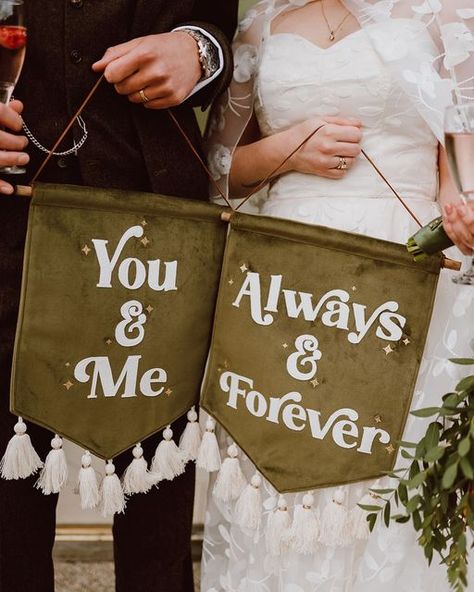 Wedding velvet banners by Daydreamer creative studio Wedding Banner Diy, Wedding Pennant, Wedding Velvet, Norfolk Wedding, Wedding Flags, Wedding Banners, Wedding Invitation Fonts, Brewery Wedding, Cricut Wedding