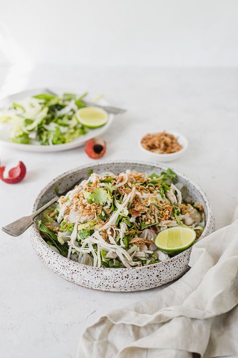 This poached coconut chicken salad packs bold, punchy flavours into each mouthful | Eatnik | www.eatnik.com.au Salad Photography Food Styling, Salad Photoshoot, Coconut Chicken Salad, Salad Food Photography, Salad Photography, Coconut Salad, Coconut Chicken, Homemade Salad Dressing, Summer Salads