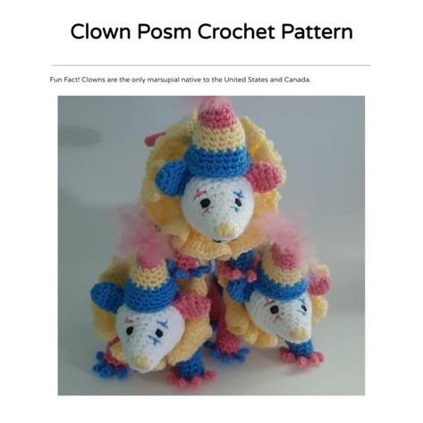 Clown Opossum Crochet Pattern English PDF Digital Download - Etsy Australia Clown Opossum, Opossum Crochet Pattern, Opossum Crochet, Fun Crochet Projects, Diy Crochet Projects, Learn To Crochet, Yarn Crafts, Crochet Animals, Crochet Crafts