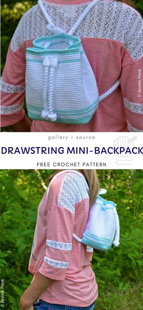 Drawstring Mini-Backpack Free Crochet Pattern  This white backpack looks very delicate thanks to its colour. The only detail is a green stripe on the bottom and on the top. It's perfect for everyday use and will fit to many summer clothes. It will look great with all the summer accessories, such as hats or airy scarfs.  #crochetbackpack #crochet Crochet Backpacks, Backpack Patterns, Cool Crochet, Drawstring Bag Pattern, Crochet Backpack Pattern, Easy Crochet Baby Blanket, White Backpack, Crochet Backpack, Bag Pattern Free