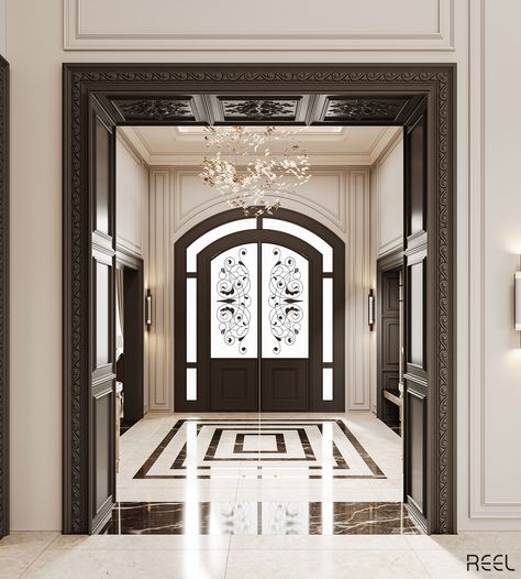 White Villa Design, New Classic Interior, Classic Entrance, White Villa, Marble Flooring Design, Dining Room Decor Modern, Lobby Interior Design, Classic Villa, Lobby Interior