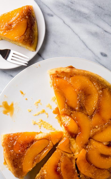 Peach Cornmeal Upside Down Cake: Part of the reason that cornmeal is so good in baked goods is that it lends a textured, slightly savory quality, and this is especially true in our Peach Cornmeal Upside Down Cake. We enhance that effect even further by toasting the cornmeal, making it even nuttier. Peach Cornmeal Cake, Upside Down Desserts, Caramelized Peaches, America's Test Kitchen, Peach Upside Down Cake, Indulgent Food, Corn Cakes, America's Test Kitchen Recipes, Heirloom Recipes