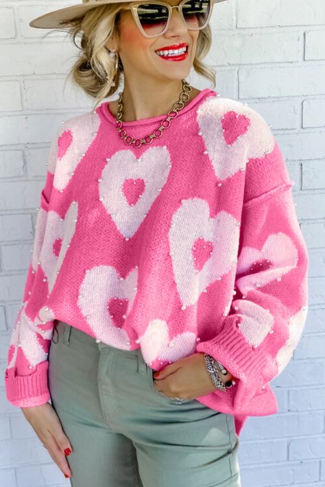 $12.5 Bonbon Pearl Beaded Heart Drop Shoulder Sweater Wholesale Beaded Heart, Drop Shoulder Sweater, Hem Sweater, Floral Sweater, Heart Sweater, Drop Shoulder Sweaters, Women Long Sleeve Tops, Printed Sweater, Shoulder Sweater