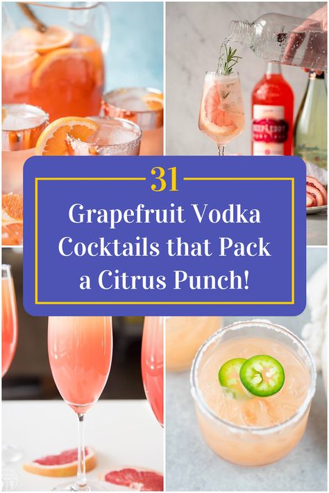 Collage of 4 grapefruit vodka cocktails. Grapefruit Vodka Cocktail Recipes, Drinks With Grapefruit Vodka, Grapefruit Cocktail Vodka, Vodka And Grapefruit Drinks, Grapefruit Rose Vodka Cocktail, Grapefruit Vodka Drinks Recipes, Deep Eddy's Grapefruit Vodka Recipes, Deep Eddy Grapefruit Vodka Recipes, Grapefruit Vodka Drinks