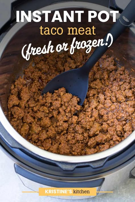 Cook this Instant Pot Taco Meat from frozen or fresh (thawed) ground beef for a quick meal. The meat is full of flavor, with simple taco seasonings. One of the best Instant Pot recipes for an easy family dinner! #instantpottacomeat #tacos #beef #instantpot Meat In Instant Pot, Instant Pot Taco Meat, Instant Pot Ground Beef Recipes, Instant Pot Ground Beef, How To Cook Hamburgers, Crockpot Express, Week Meals, Beef Recipe Instant Pot, Tacos Recipes