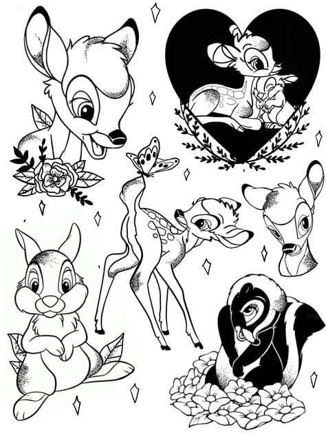 Disney Sketch Tattoo, 90s Cartoon Tattoo Designs, Disney Character Tattoos, Disney Flashsheets Tattoo, Disney Tattoo Flash, Disney Flash Tattoo, Bambi Tattoo, Disney Inspired Tattoos, Disney Sleeve Tattoos