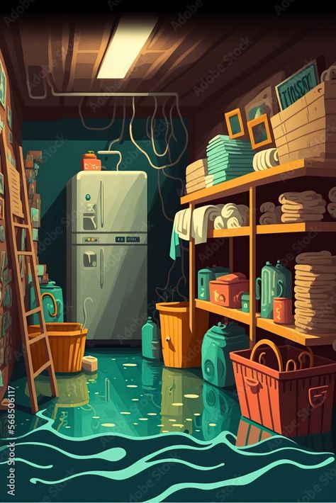 Basement Illustration, Water Advertisement, Flooded Basement, Illustration Inspiration, Cartoon Illustration, Design Illustration, Basement, Stock Illustration, Illustration Design