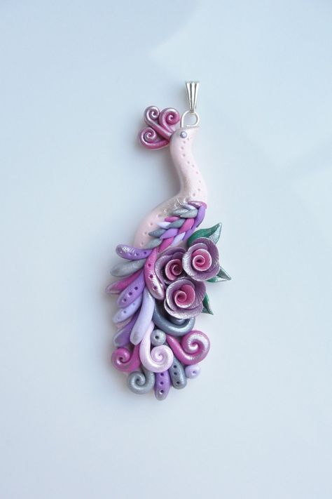 *POLYMER CLAY ~ Peacock pendant handmade from polymer clay in pink, purple and silver colours. Polymer Clay Peacock, Clay Peacock, Polymer Clay Embroidery, Polymer Clay Flower Jewelry, Peacock Pendant, Polymer Clay Figures, Purple And Silver, Polymer Clay Jewelry Diy, Polymer Clay Animals