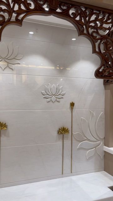 Designer Mandir For Home, Contemporary Mandir Design, Puja Room Door Design, Mandir Design Puja Room Modern, Mandir Back Wall Design, Modern Pooja Room Design, Mandir Door Design, Puja Room Design, Mandir Design Puja Room