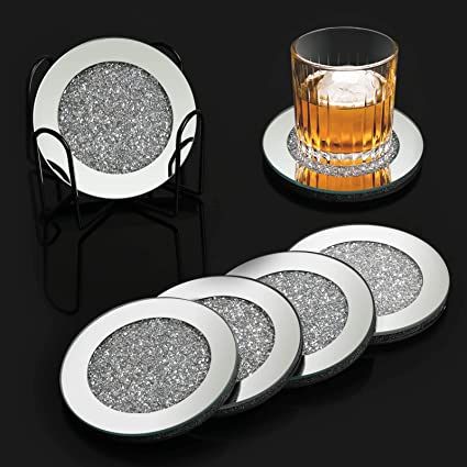 Amazon.com: 6 Pcs Glass Mirrored Coasters for Drinks with Holder, Mckanti Crushed Diamond Coaster Set, Silver Crystal Wine Coasters, Round Drink Coasters for Coffee Table Home Decor Tabletop Protection, 4 Inches : Home & Kitchen Mirrors Diy, Glam Coffee Table, Crochet Cup Coaster, Mirror Coasters, Metal Coasters, Table Home Decor, Crushed Diamonds, Coffee Table Coasters, Wine Coasters