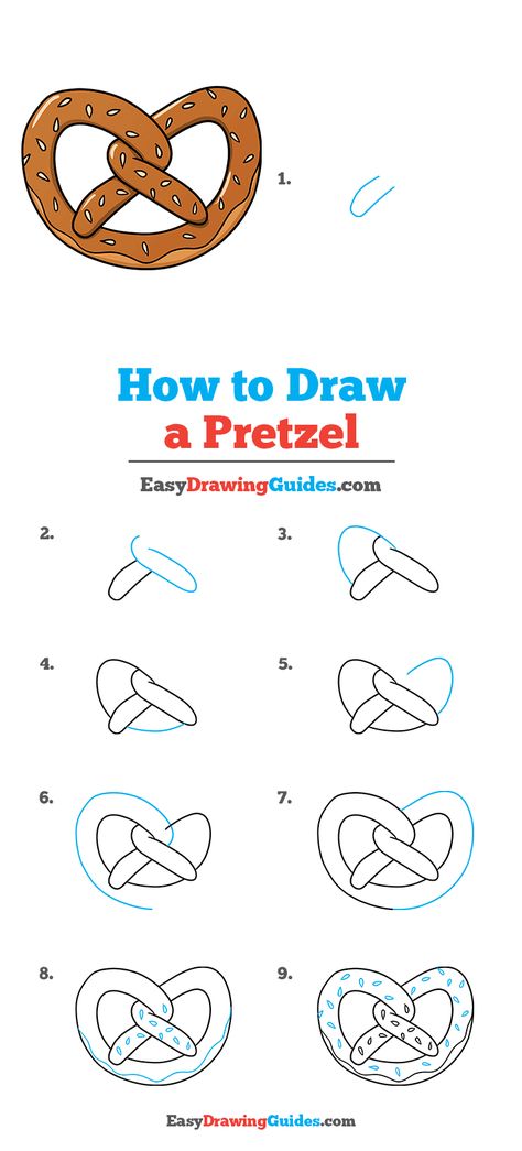 Cute Pretzel Drawing, Pretzel Drawing Simple, Food Drawing Sketches Easy, Pretzel Painting, How To Draw Food, Pretzel Drawing, Food Drawing Easy, Baking Drawing, Draw Food