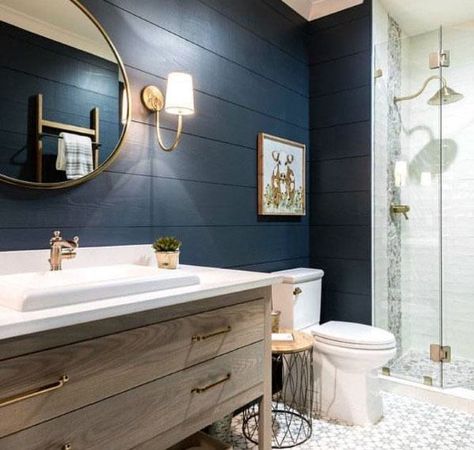 Top 50 Best Blue Bathroom Ideas - Navy Themed Interior Designs Dark Blue Painted Bathroom, Wood And Navy Bathroom, Dark Navy Bathroom, Navy Blue Bathroom Decor, Dark Blue Bathrooms, Navy Blue Bathrooms, Bathroom Redecorating, Navy Bathroom, Shiplap Bathroom