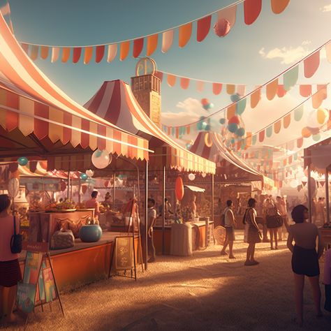 Many stalls at the festival, pop mart, art background, in the style of guy aroch, rendered in cinema4d, photorealistic still lifes, solarizing master, playful character design, mediterranean - inspired, intricate details, Fantasy Festival Concept Art, Dnd Festival Art, Fantasy Marketplace Aesthetic, Fantasy Carnival Concept Art, Fantasy Shopping District, Fantasy Carnival Art, Festival Fantasy Art, Carnival Reference, Fantasy Festival Art