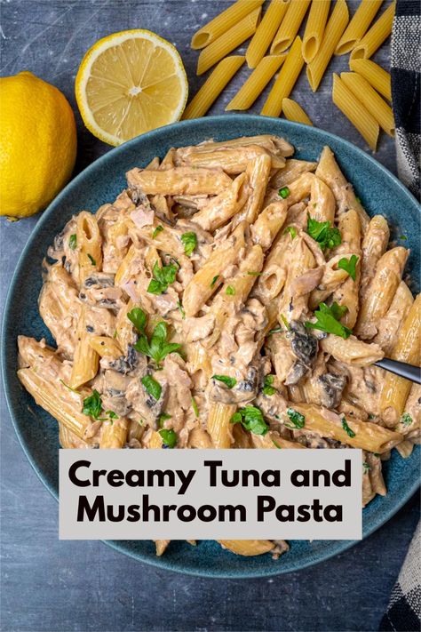 This creamy tuna and mushroom pasta is a quick and comforting dish that you can have on the table in just 20 minutes. It's a simple meal that your family will love, made with just a handful of staple ingredients. Tuna Mushroom Recipes, Cream Of Mushroom Pasta, Healthy Tuna Recipes, Moms Food, Low Calorie Pasta, Creamy Tuna Pasta, Canned Tuna Recipes, Lazy Lasagna, Mushroom Recipes Pasta