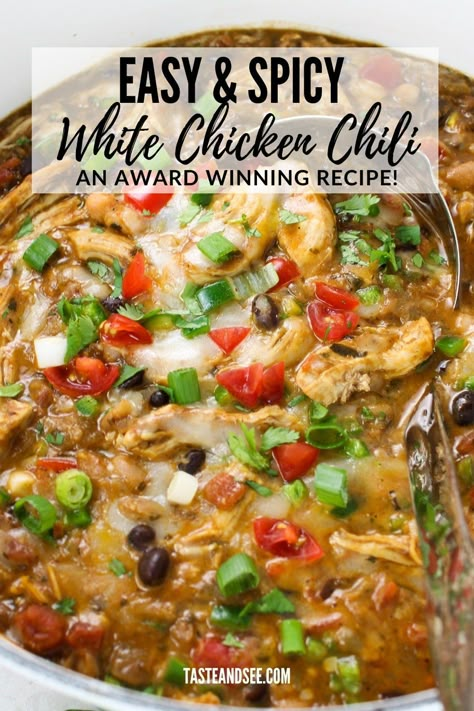 White Chicken Chili With Vegetables, Chicken Chili With Vegetables, Cooking Light White Chicken Chili, Spicy White Bean Chicken Chili, Spicy Chicken Chili Crockpot, Canned Chicken Chili Recipe, Chicken Bacon Chili, Chicken Bean Chili, Bbq Chicken Chili