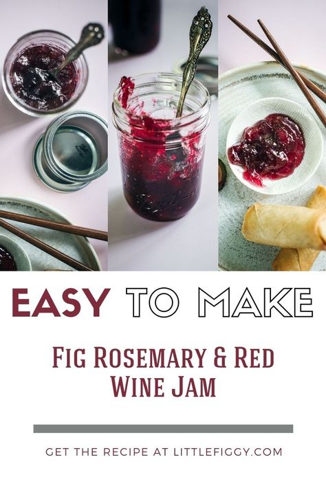 Try this easy to make @ballcanning fig and rosemary-infused red wine jam recipe! #Ad. Made with fresh figs a nice amount of red wine infused with rosemary and preserved in my go-to essential Ball Half-Pint Mason Jars! Love to use this fig jam recipe warmed up and used as a dipping sauce for meatballs, spring rolls, and makes a gorgeous addition to any cheese board or charcuterie board! #Ballcanning lifer! Get the recipe at Little Figgy Food. #homamade #preserves #canning #masonjars #jamrecipes Wine Jam Recipe, Fig Wine Recipe, Fig Jam For Canning, Dipping Sauce For Meatballs, Tomato Fig Jam, Fig And Strawberry Jam, Strawberry Fig Jam With Jello, Fig Rosemary Red Wine Jam, Sauce For Meatballs