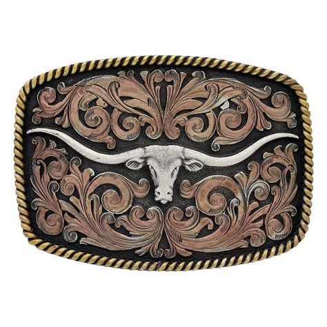 PRICES MAY VARY. Iconic Texas Longhorn Figure, Rose Gold Filigree, Rope Edging Dimensions: Width 3.38", Height: 2.85", Length 0.76" Materials: Silver, Brass and Copper Plate Over a Solid Cast White Metal Alloy Base Fit: Standard 1.5" Belt Swivel Montana Silversmiths Western Belt Buckle: Compliment your style! This Tri-Color Texas Longhorn Attitude Collection buckle from Montana Silversmiths features an antiqued Attitude Collection buckle with a center silver tone elongated longhorn figure with r Cowboy Werewolf, Texas Icons, Country Belts, Rodeo Belt Buckles, Cowboy Belt Buckles, Cowboy Stuff, Cowgirl Belts, Longhorn Skull, Western Photography