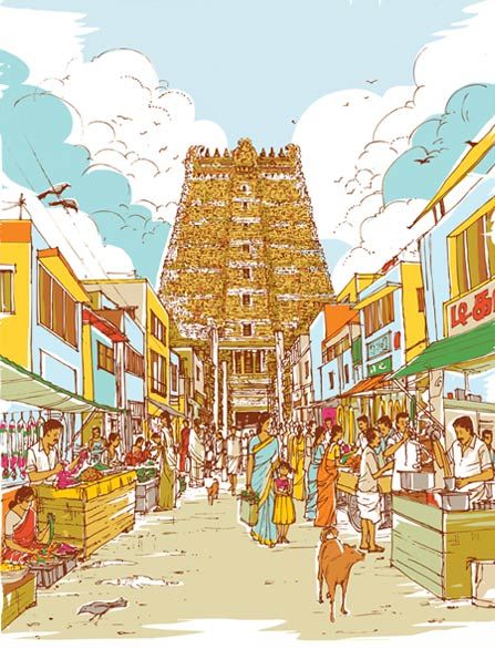 Madurai City, Madurai Meenakshi Temple, Meenakshi Temple, Temple Drawing, Memory Drawing, Gfx Design, City Sketch, Indian Illustration, Indian Art Gallery