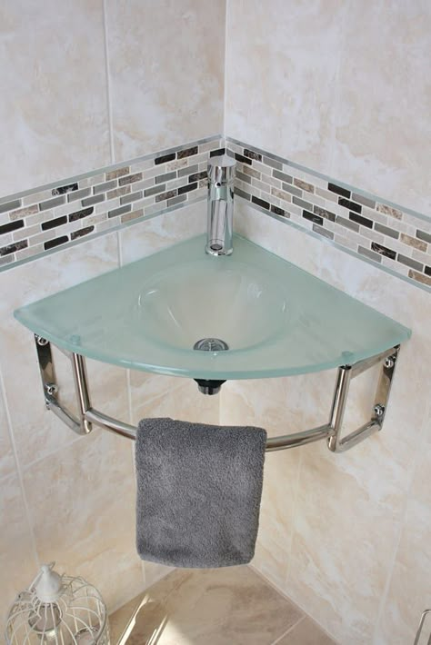 Glass Basin Bathroom, Tap Design Bathroom, Glass Showers, Tap Design, Corner Basin, Small Downstairs Toilet, Corner Sink Bathroom, Bathroom Basin Taps, Bathrooms Design