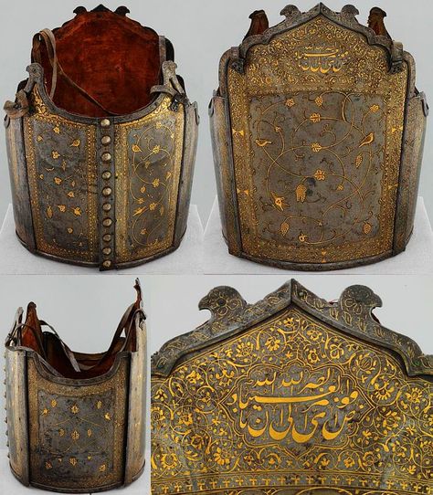 Persian char-aina (chahar-aina, chahar a’ineh). Literally the four mirrors. Four plates worn over a zirah (shirt of mail) in Persia, India and Central Asia, the interior is lined with velvet, It features elegant arabesques inlaid in gold, with leaves, clusters and birds and framed by a wide frieze of daisies and roses. Musée de l'Armée. Persian Armor, Types Of Armor, Ancient Armor, Armor Plate, Ancient Warfare, Historical Armor, Ancient Technology, Historical Artwork, Shoulder Armor