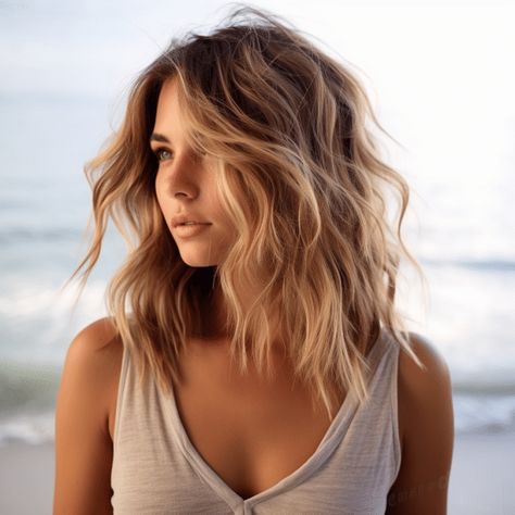 Beachy Waves For Medium Hair, Medium Length Haircut Textured Layers, Haircuts For The Summer, Beach Photo Hairstyles, Short Beachy Haircut, Medium Length Hair Beach Waves, Medium Length Haircut Dirty Blonde, Beachy Haircut Mid Length, Shoulder Length Hair Blonde Layers