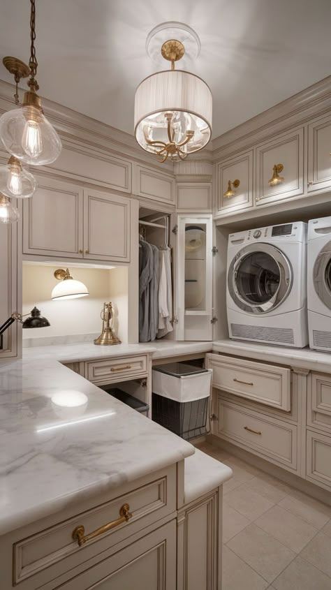 Laundry Room Two Washers And Dryers, Tv In Laundry Room, Boujee Laundry Room, Fancy Laundry Room Ideas, Mansion Laundry Room, Dream Laundry Room Luxury, Large Laundry Room Design, Glam Laundry Room, French Laundry Room