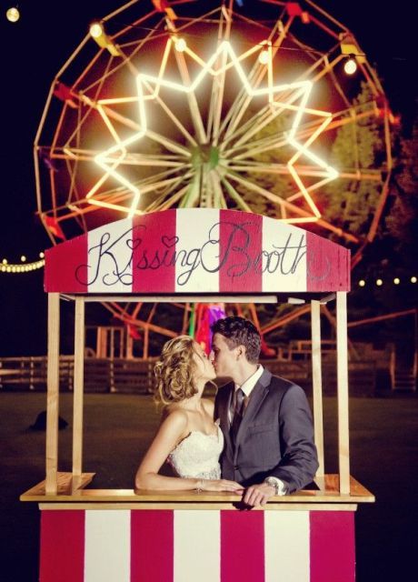 A striped kissing booth placed strategically to create a cool and fun backdrop Calamigos Ranch Wedding, Fair Wedding, Cool Backdrops, Circus Wedding, Calamigos Ranch, Carnival Wedding, Engagement Season, San Diego Wedding Photography, Strictly Weddings