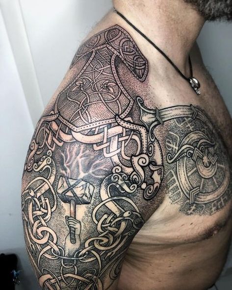 Check out our website for more Tattoo Ideas 👉 positivefox.com #shouldertattoos #forearmtattoos #vikingtattoos #nordictattoos Viking Shoulder Tattoo, Best Shoulder Tattoos, Shoulder Tattoos For Men, Armour Tattoo, Celtic Tattoos For Men, Shoulder Tattoo Ideas, Shoulder Armor Tattoo, Women's Shoulder Tattoo, Scandinavian Tattoo