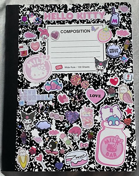 Pink, hello kitty, Sanrio, aesthetic, heart Composition Book Decorating Ideas, Kuromi Notebook Cover Printable, Decorating Notebooks Cover, Notebook Decoration Ideas Cover, Sanrio Pink Aesthetic, Notebook Cover Design Creative, Aesthetic Composition Notebook, Y2k Notebook, Pink Notebook Aesthetic