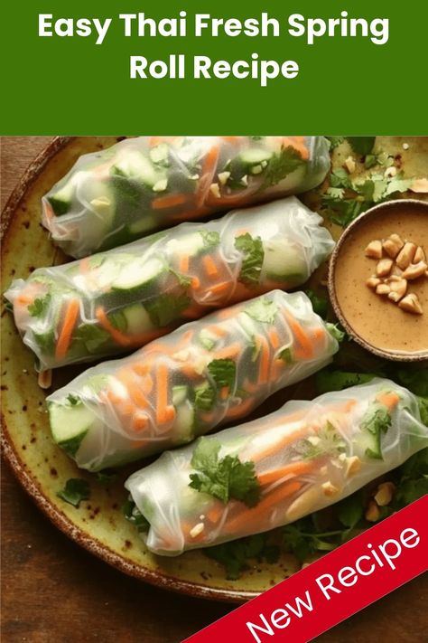 Alt text: "Easy Thai Fresh Spring Roll Recipe - Five translucent rice paper rolls filled with fresh vegetables including carrots, cucumbers, and cilantro, arranged on a green ceramic plate. A small bowl of peanut dipping sauce and crushed peanuts sits to the side." Salad Roll Recipe, Rice Paper Vegetable Rolls, Thai Fresh Rolls, Rice Rolls With Peanut Sauce, Vegetable Rolls Rice Paper, Thai Rolls Spring, Veggie Spring Rolls Rice Paper, Veggie Spring Roll Recipe, Spring Roll With Rice Paper