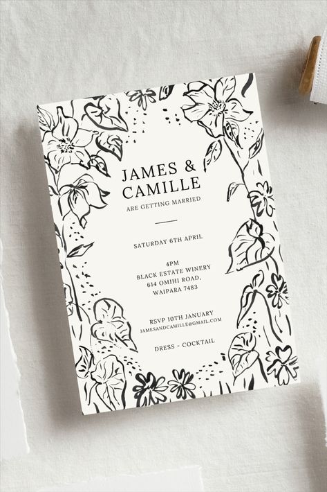 Modern and Elegant Wedding Invitation - Garden Party - Monochromatic - Hand Painted - Inky watercolour - Editable Template - Canva Invitation - Customisable Modern Garden Wedding Invitations, Gouache Wedding Invitation, Botanical Wedding Invite, Monochromatic Wedding Invitations, Floral Invitation Design, Hand Painted Invitations, Painted Invitations, Botanical Wedding Stationery, Monochromatic Wedding