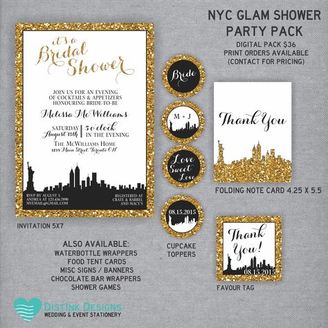 New York City Bridal Shower Invitation Glitter Invitation, Gold & Black www.distinkdesigns.com CUSTOMIZED with your Colors and Wording. Available in digital or printed format #gold #glitter #newyork #theme #bridalshower #newyorkshower #nyc #black #glamor #skyline Nyc Bridal Shower Theme, Summer Bridal Shower Favors, Bridal Shower Centerpieces Diy, New York Theme Party, Bridal Shower Favors Cheap, Bridal Shower Favors Diy, New York Theme, Samantha Wedding, Rustic Bridal Shower Invitations