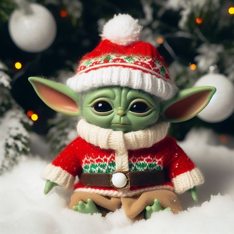 Baby Grogu in Christmas outfit #StarWars #BabyYoda Crochet Grogu, Yoda Pictures, Yoda Christmas, Yoda Images, Yoda Wallpaper, Yoda Funny, Merry Christmas Pictures, Seahawks Football, Digital Art Gallery