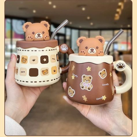 Cute Ceramic Mug, Fancy Kitchen, Hand Held Blender, Kawaii Cups, Bear Ceramic, Ceramic Mug With Lid, Silicone Ice Trays, Bear Mug, Mini Blender