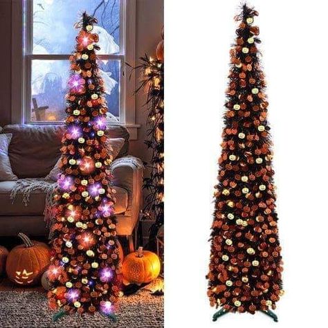 Halloween And Fall Decorations Together, Christmas Tree In Urn, Black Halloween Tree, Fall Tree Decorations, Black Christmas Tree Decorations, Purple String Lights, Halloween Tree Decorations, Halloween Christmas Tree, Pencil Tree