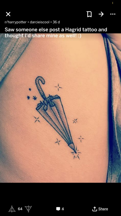 Hagrid Wand Tattoo, Hagrid Harry Potter Tattoo, Harry Potter Tattoos Hagrid, Aragog Harry Potter Tattoo, Harry Potter Hagrid Tattoo, Hagrid Tattoo Ideas, The Grim Tattoo Harry Potter, Hagrid's Umbrella Tattoo, Harry Potter Cat Tattoo