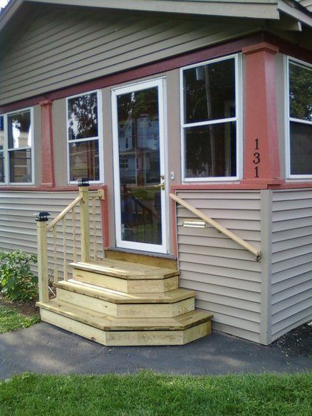 Side Steps To Front Door, Back Door Wooden Steps, Side Entry Steps, Patio Steps With Railing, Side Door Steps Ideas, Backdoor Steps To Patio With Railing, Curved Porch Steps, Outdoor Steps With Railing, Back Porch Steps Down To Patio